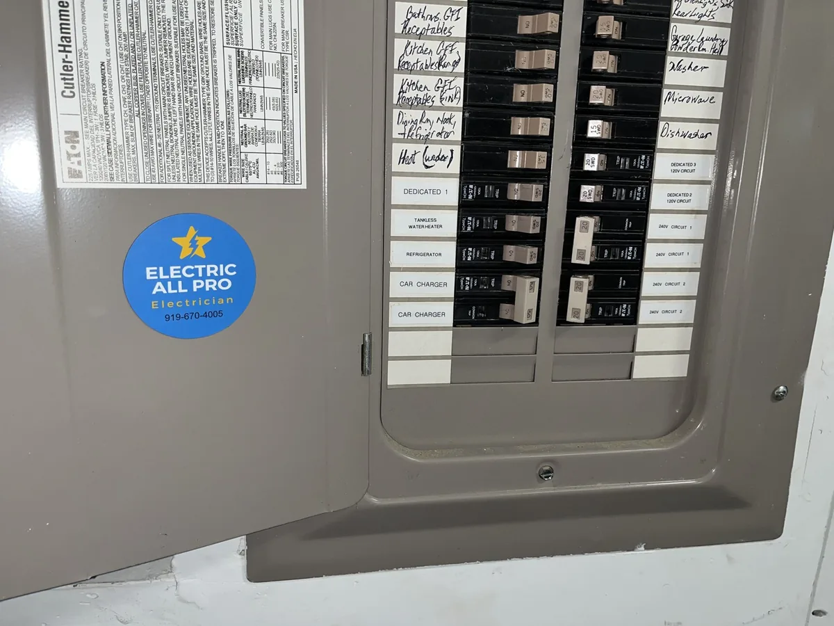A labeled breaker panel with an Electric All Pro sticker on its door