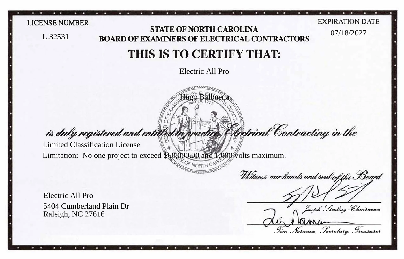 North Carolina Board of Examiners of Electrical Contractors certificate issued to Electric All Pro, license number L.32531, Limited Classification, expiring 18 July 2027.