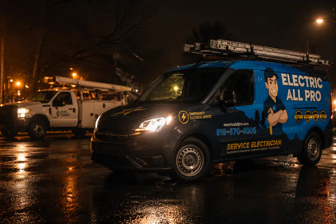 Electric All Pro emergency service van responding at night in Raleigh, North Carolina