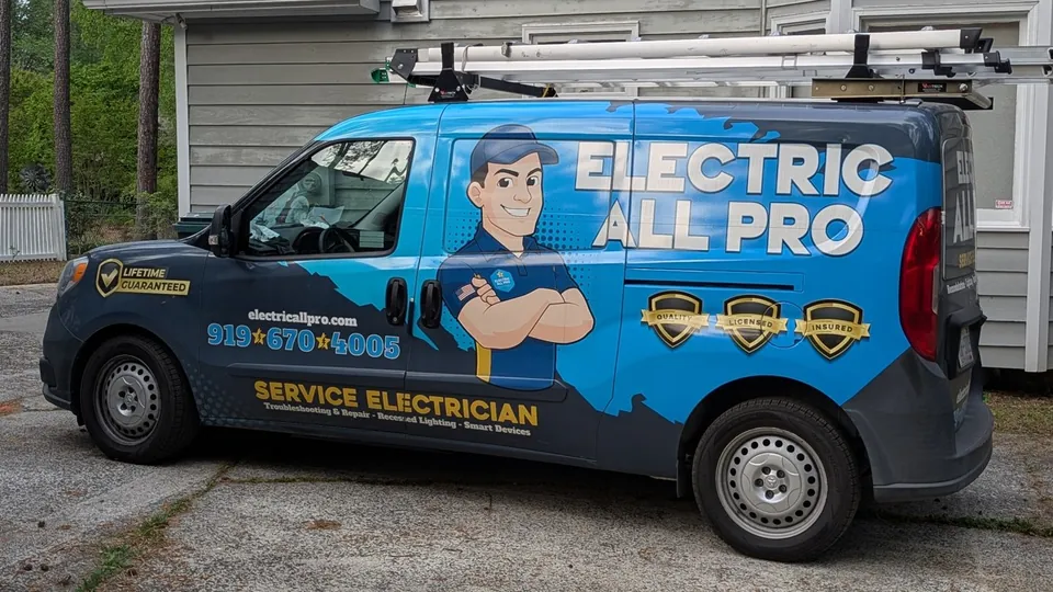 Electric All Pro service van parked at a home in the Raleigh area