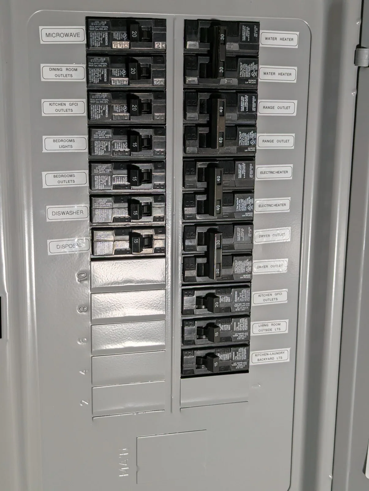 Electrical panel with breakers labeled for the kitchen, bedrooms and laundry, in Hayes Barton, Raleigh