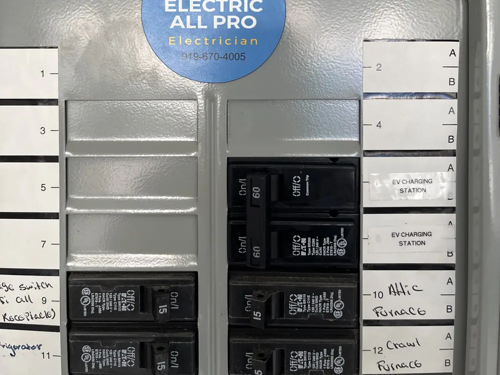 Electrician's sticker on a breaker panel, with circuit labels that include the EV charger and the furnace, in Renaissance Park, Raleigh