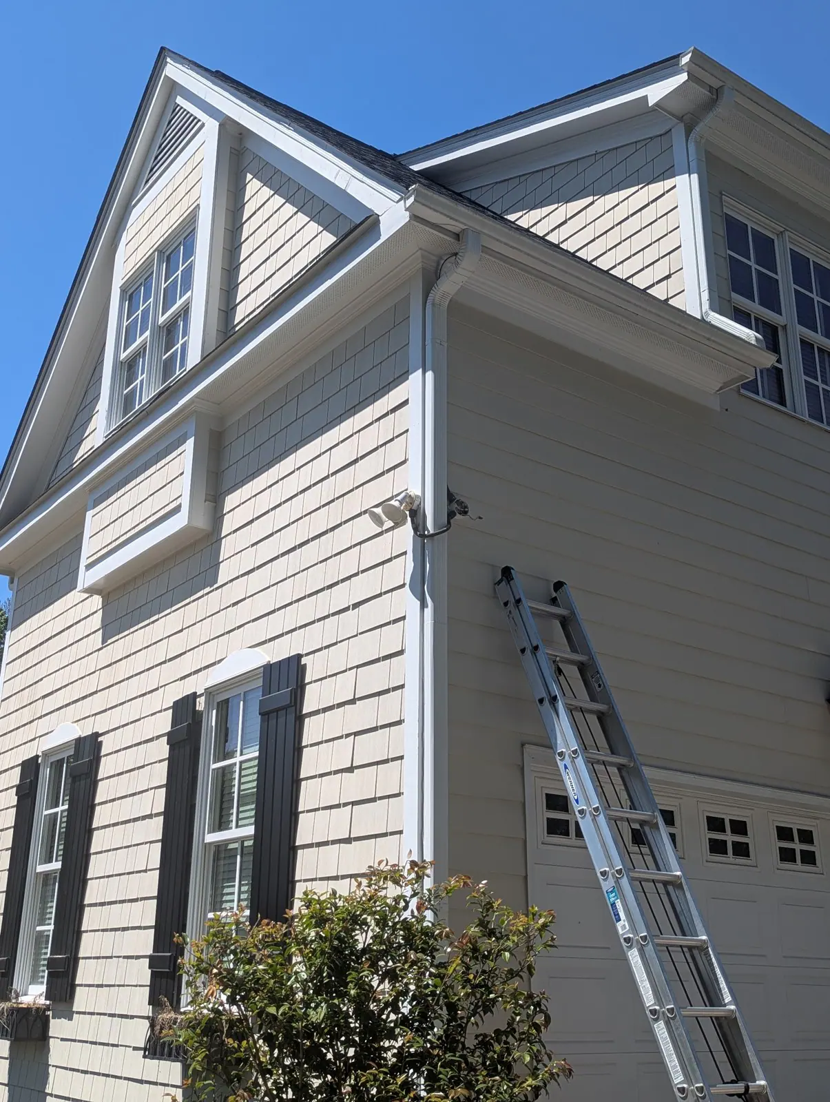 A ladder leaning against a house exterior under a clear sky, in Budleigh, Raleigh