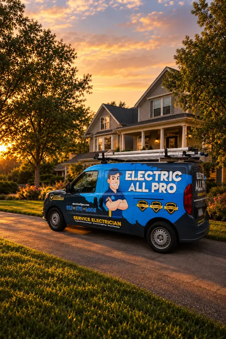 Electric All Pro service van outside a North Carolina home