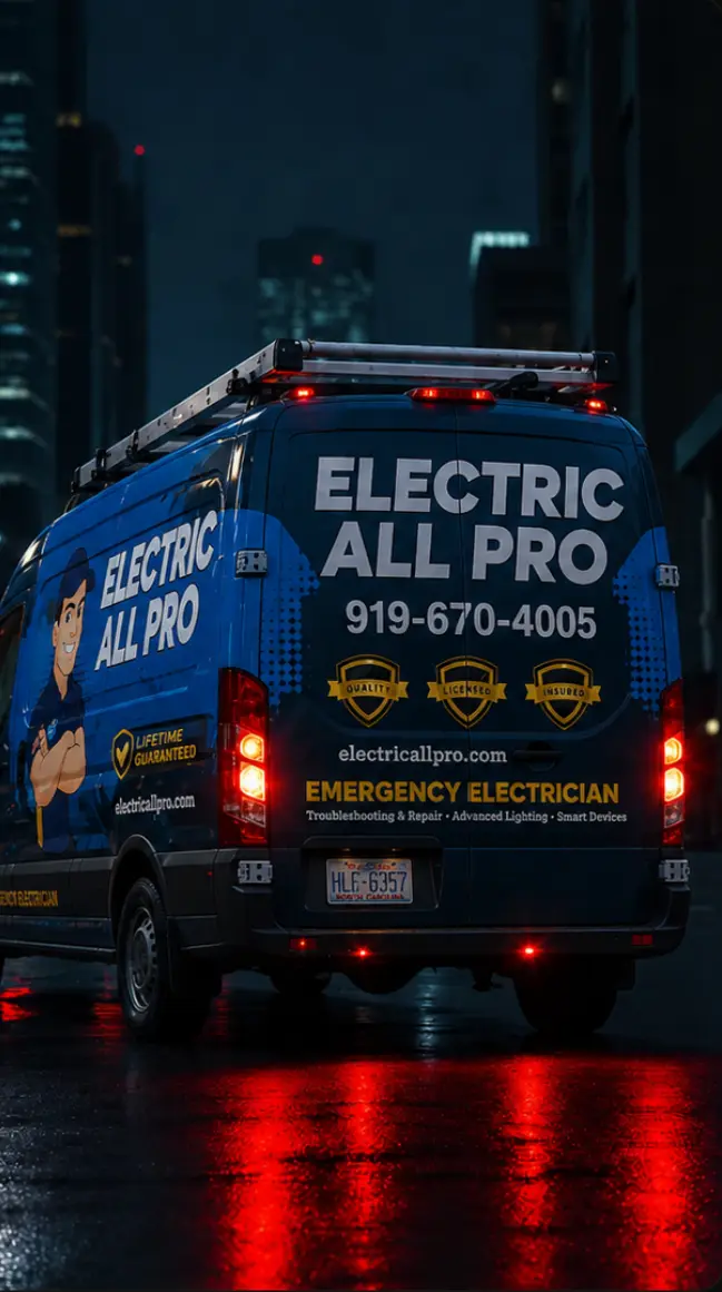 Electric All Pro emergency electrician service van operating at night in North Carolina