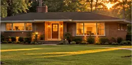 Mid-century ranch house with a lawn
