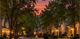 Homes along a tree-lined suburban street at dusk