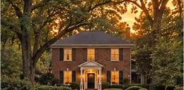 Brick pre-war house behind mature trees