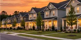 Row of new two-story homes on a fresh subdivision street