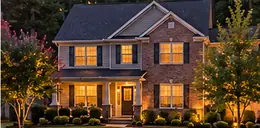 Suburban two-story home with a front lawn at dusk