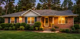 Brick ranch home lit at dusk