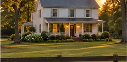 Older two-story farmhouse under tall trees