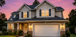 Two-story home with a garage at sunset