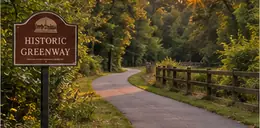 Greenway path with a history sign beside it
