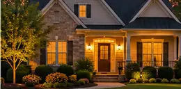 Single-family home with a front yard at sunset