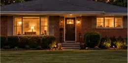 Single-story brick ranch house with a lawn