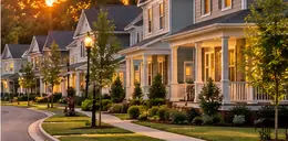 Newer homes with front porches along a curving street