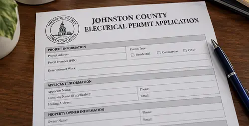 Johnston County electrical permit application on a desk
