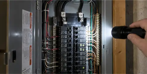 Flashlight on the breakers of an open residential panel during an inspection