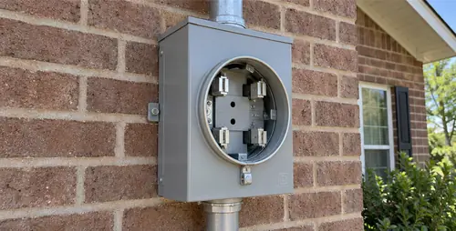 New meter base on a brick wall waiting for the utility meter