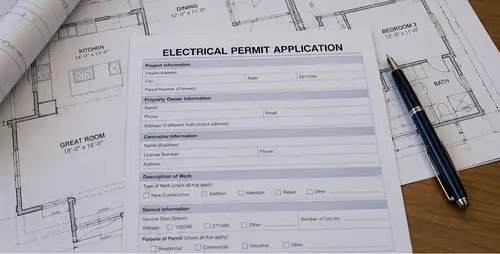 Electrical permit application and floor plans on a desk