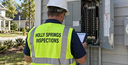 Inspector checking a new electrical panel in a Holly Springs home