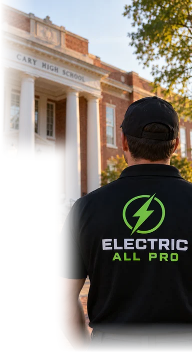 Electric All Pro electrician outside the old Cary High School building