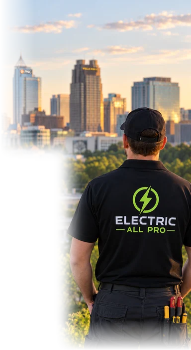 Downtown Raleigh skyline with an Electric All Pro electrician