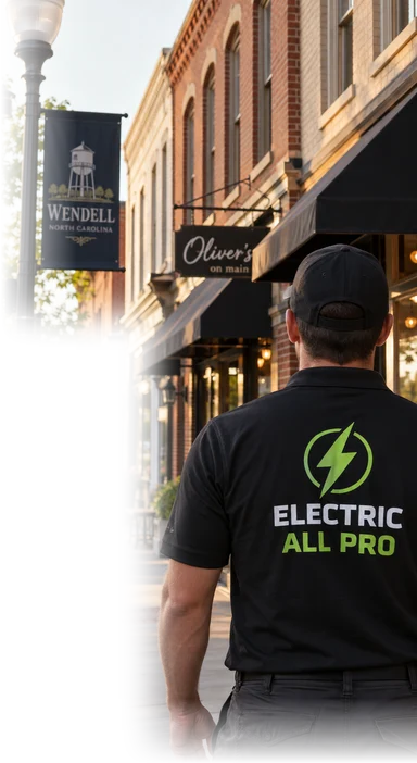 Downtown Wendell storefronts with an Electric All Pro electrician