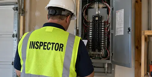 Electrical inspector in a safety vest checking an open residential panel