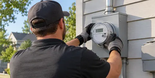 Utility technician setting a new electric meter on a home