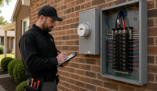 Electrician documenting the existing meter and electrical panel during an onsite 200 amp upgrade estimate in Raleigh, NC