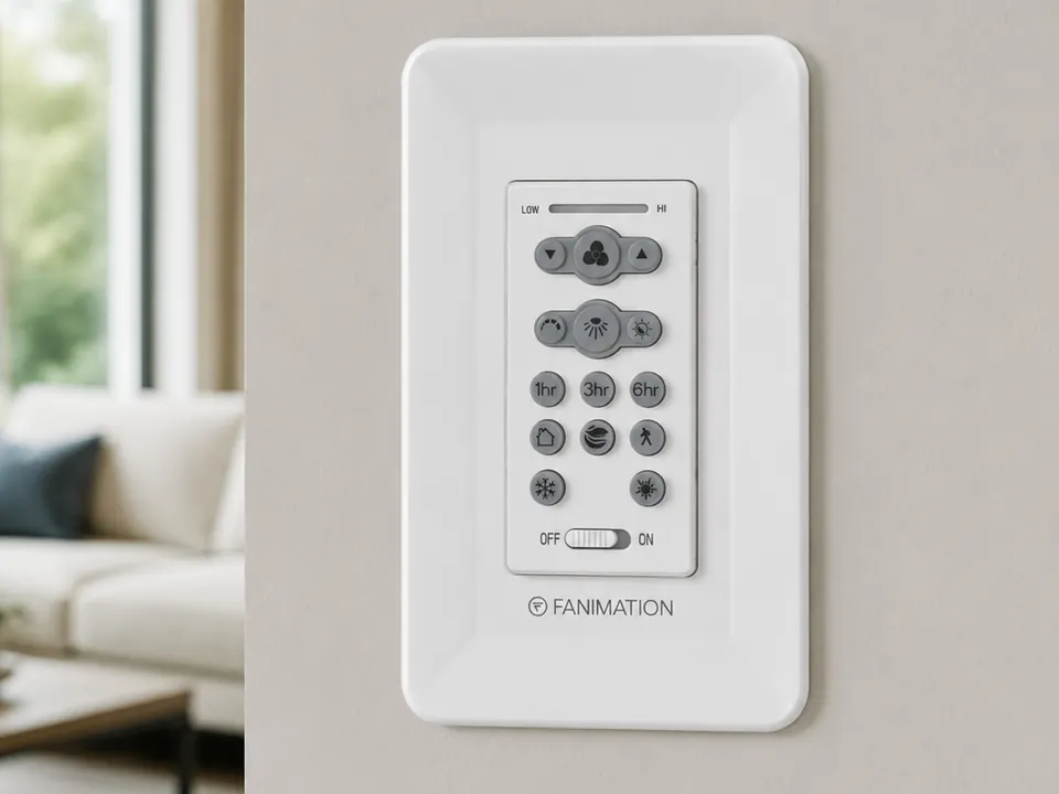 Wall-mounted smart ceiling fan control installed in a Raleigh home