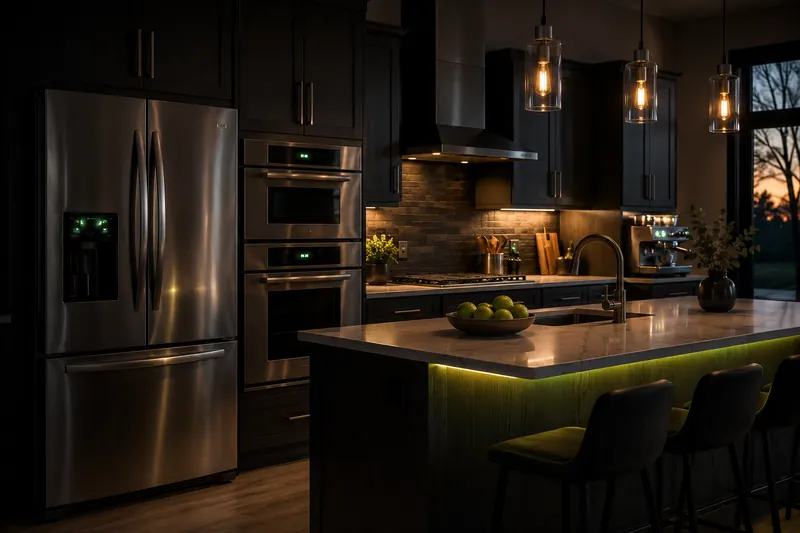 Kitchen with glass pendant lights over the island and LED lighting under the counter