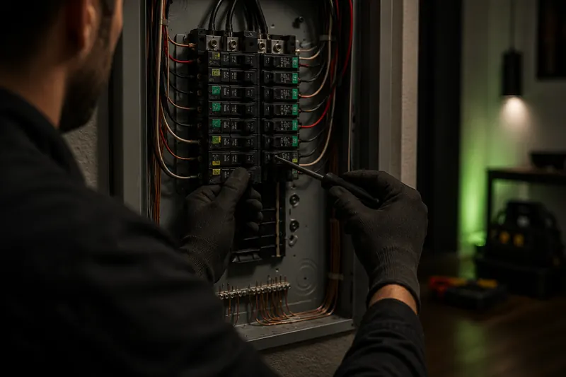 Electrician in work gloves troubleshooting circuit breakers in an open electrical panel during a Raleigh, NC repair call