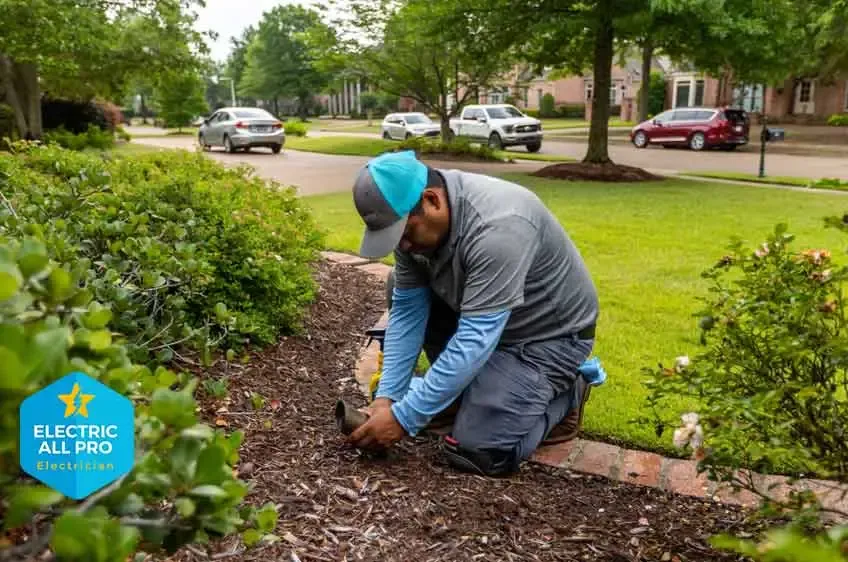 Technician installing landscape lighting along a Raleigh walkway