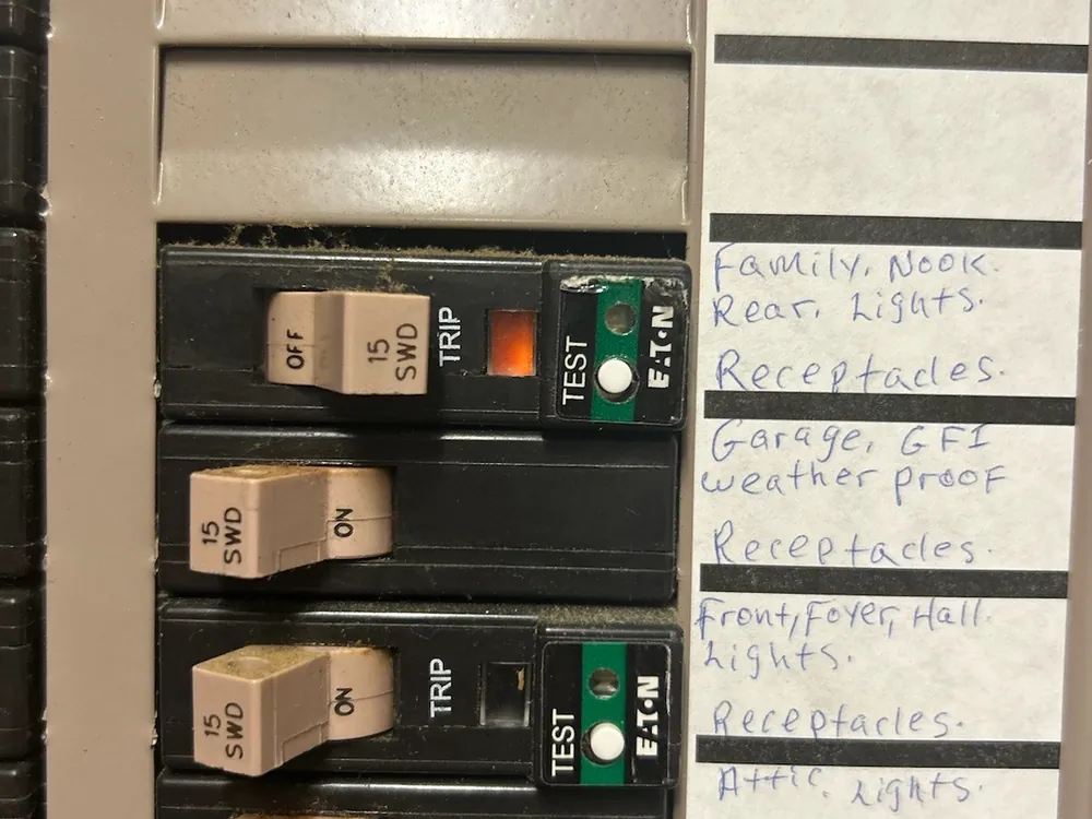 Electrical panel with each circuit labeled by hand