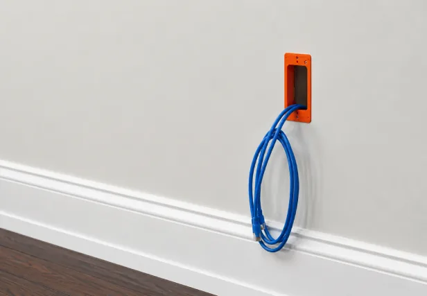 Blue Ethernet cables routed through a low-voltage wall bracket during a Raleigh whole-house rewiring project