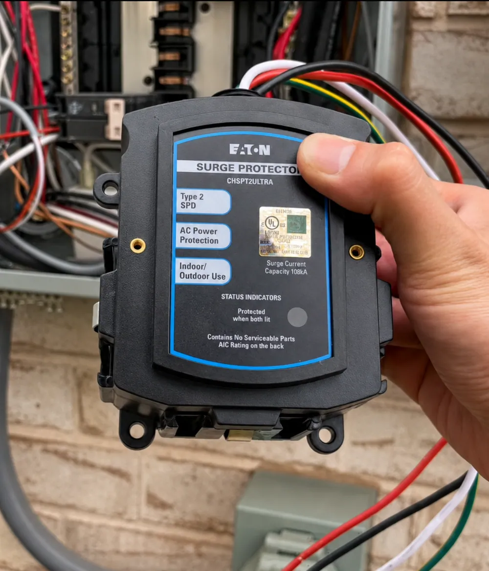 Eaton whole-house surge protector ready for installation at an electrical panel in Raleigh, NC