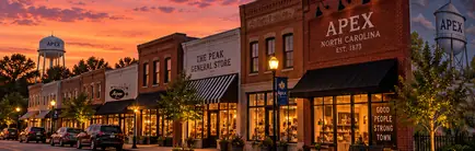 Early 1900s brick storefronts on a small-town main street at dusk
