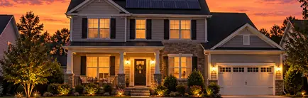 Two-story suburban home with rooftop solar panels at sunset
