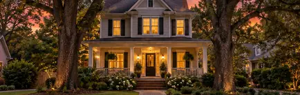 Early-1900s two-story house behind mature oaks in a historic district at dusk
