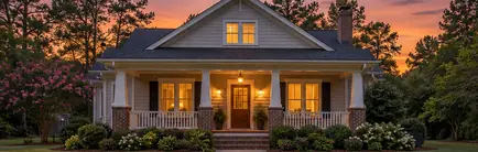 Frame bungalow with a deep front porch at dusk