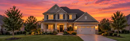 2000s two-story suburban home with a front porch and two-car garage at dusk
