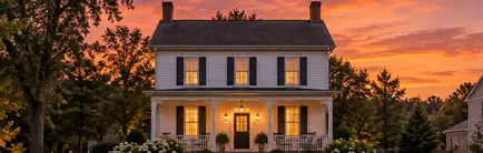 Two-story 1870s frame I-house with a front porch at dusk