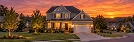 Newer two-story home with a two-car garage on a curving street at sunset