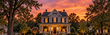 Two-story historic frame house with a deep front porch on a tree-lined street at dusk