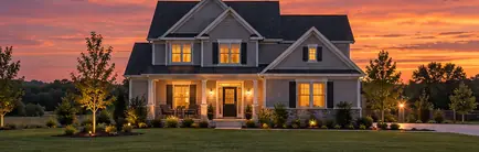 Recently built house with young landscaping and a covered porch at dusk
