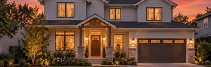 Newly built two-story home with an attached garage in early evening light